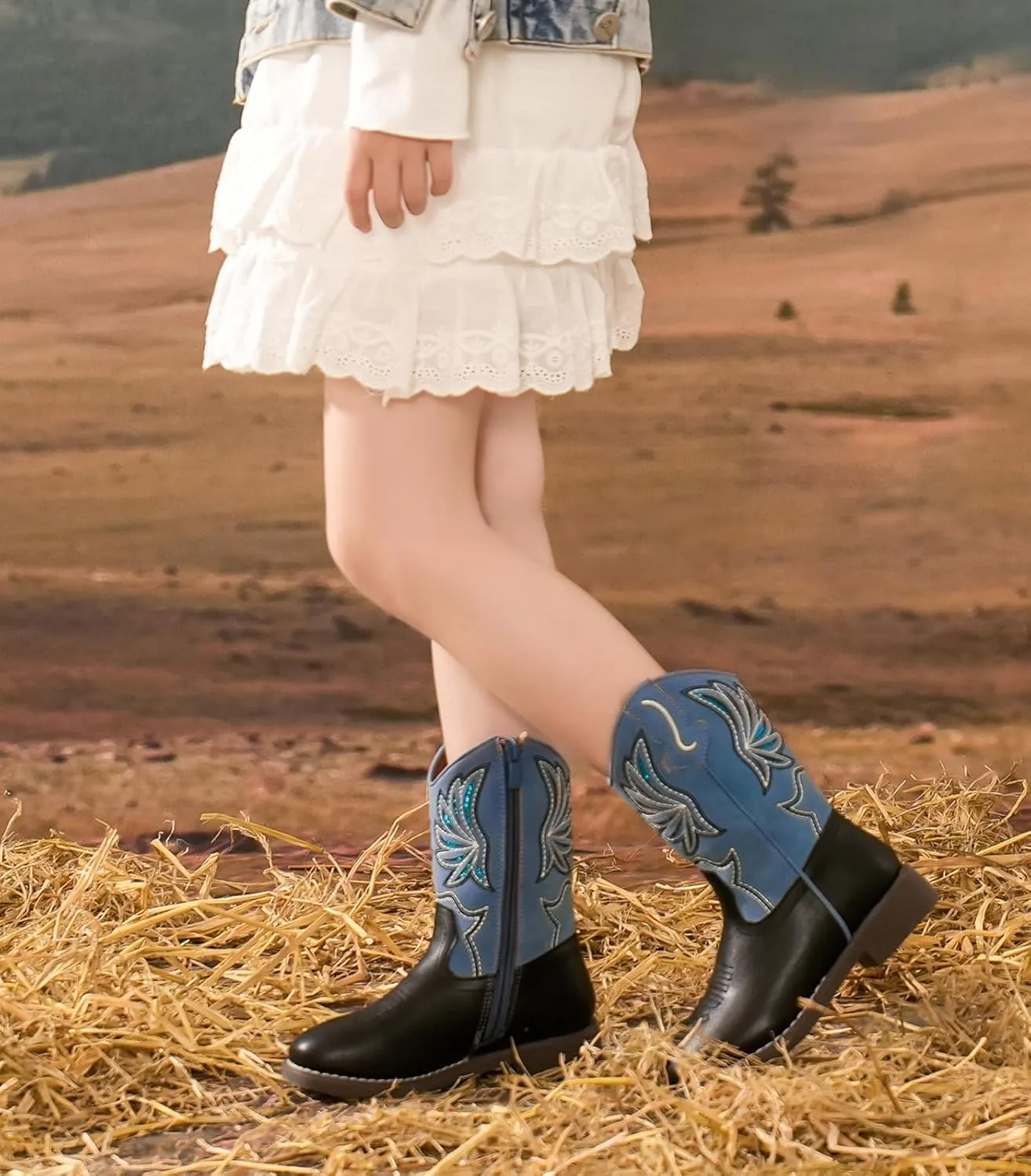 DADAWEN Kids Cowboy Boots for Boys Girls Glitter Embroidered Western Square Toe Cowgirl Boots Mid Calf Riding Shoes (Toddler/Little Kid/Big Kid)