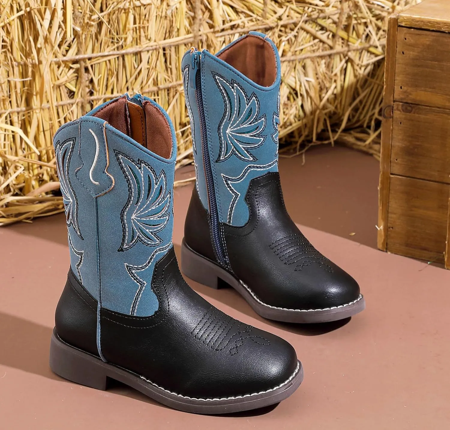 DADAWEN Kids Cowboy Boots for Boys Girls Glitter Embroidered Western Square Toe Cowgirl Boots Mid Calf Riding Shoes (Toddler/Little Kid/Big Kid)