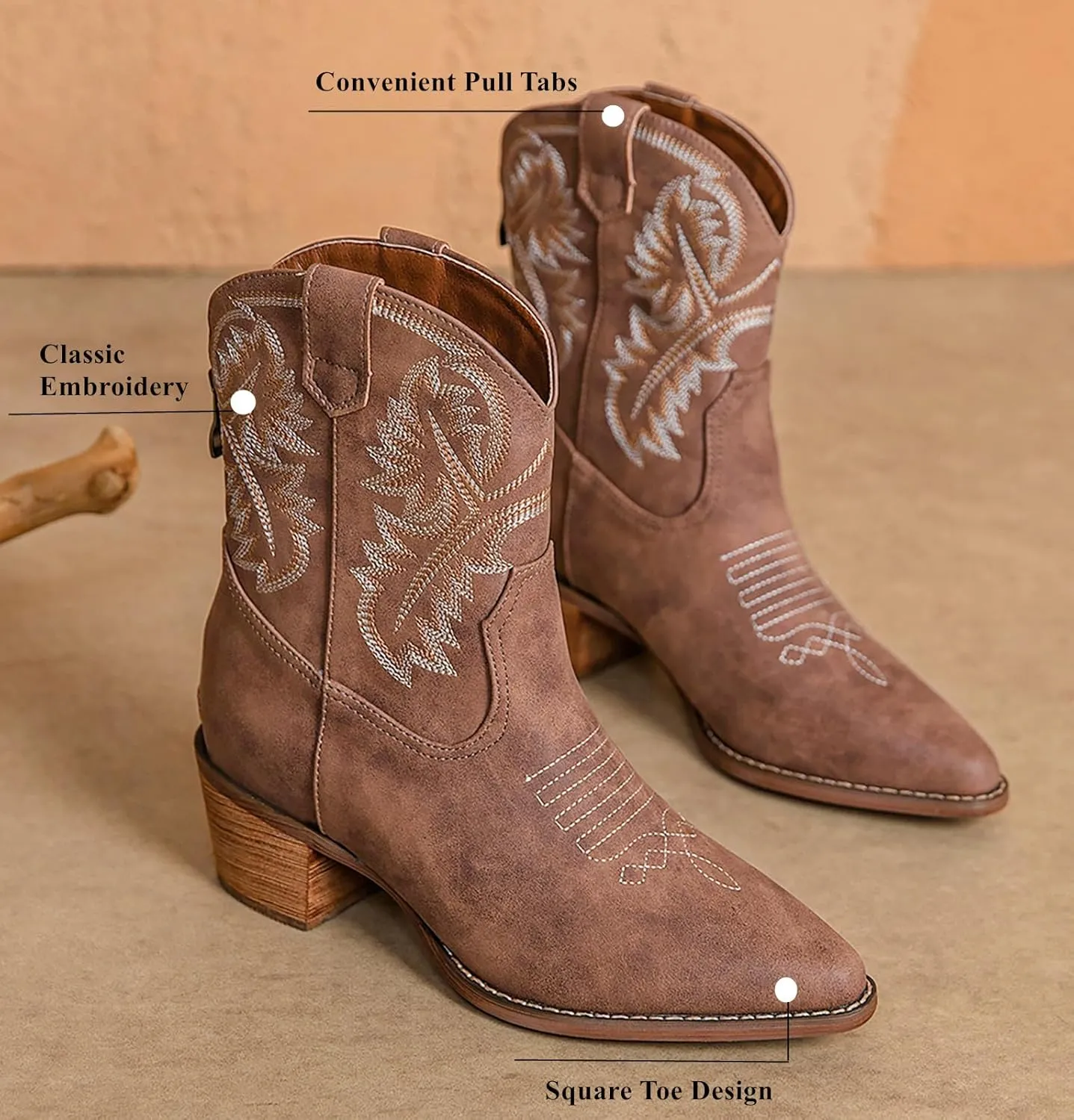 DADAWEN Western Boots For Women Embroidered Pointed Toe Cowgirl Boots Chunky Heel Cowboy Boots Pull On Outdoor Mid Calf Booties