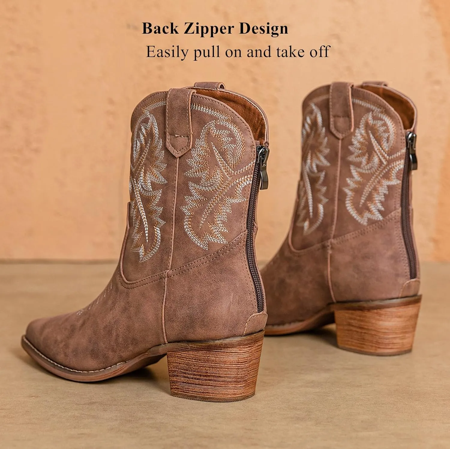 DADAWEN Western Boots For Women Embroidered Pointed Toe Cowgirl Boots Chunky Heel Cowboy Boots Pull On Outdoor Mid Calf Booties