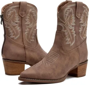 DADAWEN Western Boots For Women Embroidered Pointed Toe Cowgirl Boots Chunky Heel Cowboy Boots Pull On Outdoor Mid Calf Booties