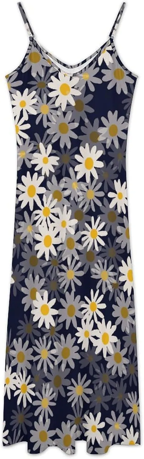 Daisy Pink Print Suspender Dresses Woman Sexy Ankle Length Chemise Sleeveless Casual Holiday Petticoats Flowy