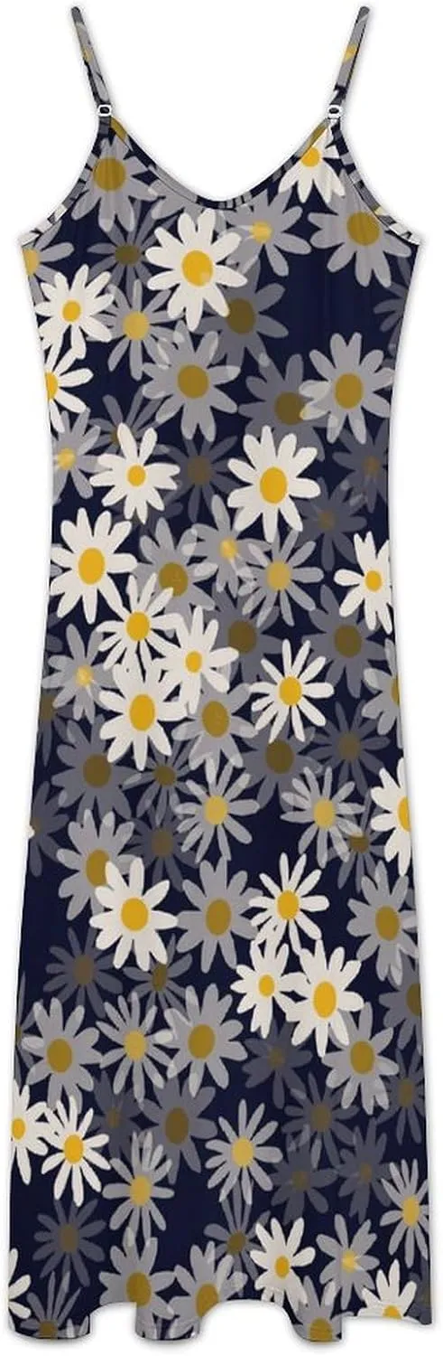 Daisy Pink Print Suspender Dresses Woman Sexy Ankle Length Chemise Sleeveless Casual Holiday Petticoats Flowy