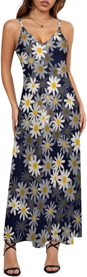 Daisy Pink Print Suspender Dresses Woman Sexy Ankle Length Chemise Sleeveless Casual Holiday Petticoats Flowy