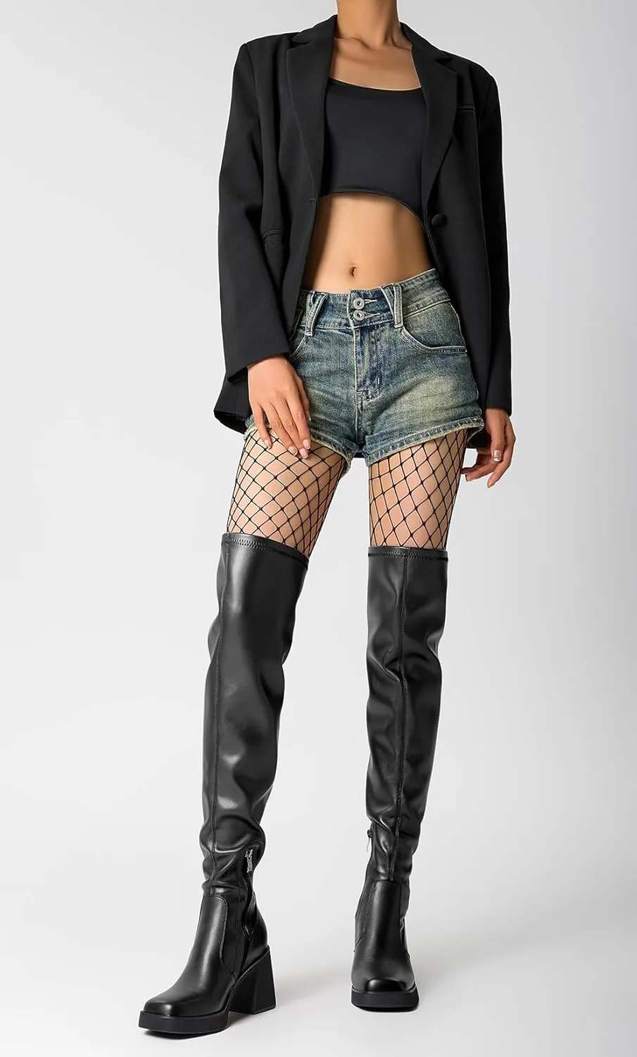 DearOnly Chunky Block Heel Platform Thigh High Boots Square Toe Over The Knee High Boots with Side Zipper, Fashion Stretch GoGo Boots Dress Shoes 3.2 Inches Heels