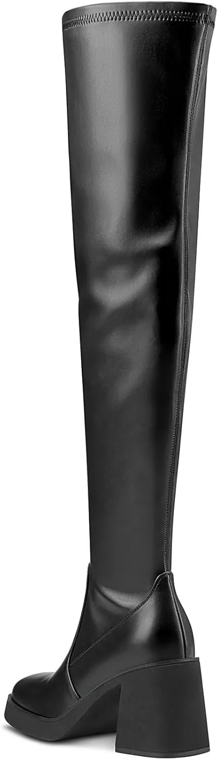 DearOnly Chunky Block Heel Platform Thigh High Boots Square Toe Over The Knee High Boots with Side Zipper, Fashion Stretch GoGo Boots Dress Shoes 3.2 Inches Heels