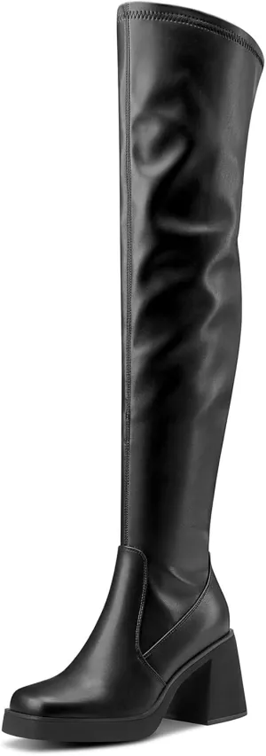 DearOnly Chunky Block Heel Platform Thigh High Boots Square Toe Over The Knee High Boots with Side Zipper, Fashion Stretch GoGo Boots Dress Shoes 3.2 Inches Heels