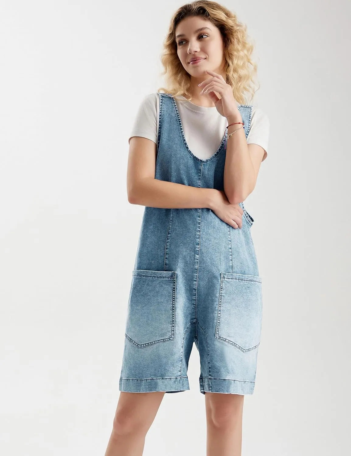 Denim Overall Shorts for Women Causal Jean Denim Romper Adjustable Straps Sleeveless Shortalls with Pockets