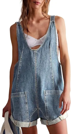 Denim Overall Shorts for Women Causal Jean Denim Romper Adjustable Straps Sleeveless Shortalls with Pockets
