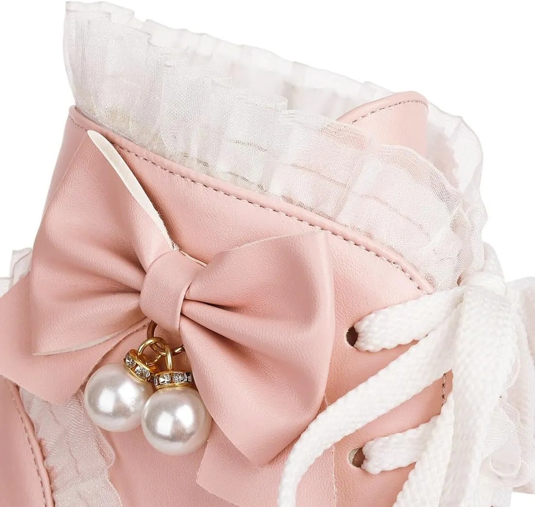 DINTAHA Kawaii Shoes For Women,Goth Lolita Platform Boots,Bow Ankle Boots Cute Sweet Cosplay Shoes