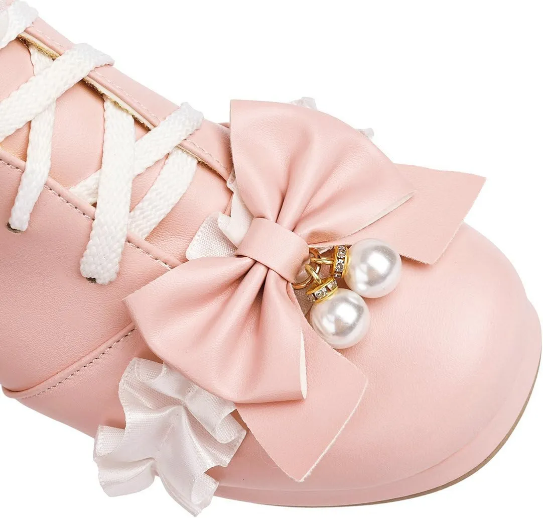 DINTAHA Kawaii Shoes For Women,Goth Lolita Platform Boots,Bow Ankle Boots Cute Sweet Cosplay Shoes