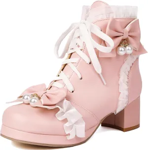 DINTAHA Kawaii Shoes For Women,Goth Lolita Platform Boots,Bow Ankle Boots Cute Sweet Cosplay Shoes