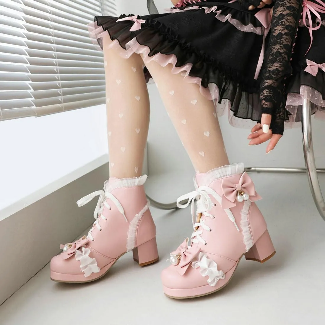 DINTAHA Kawaii Shoes For Women,Goth Lolita Platform Boots,Bow Ankle Boots Cute Sweet Cosplay Shoes