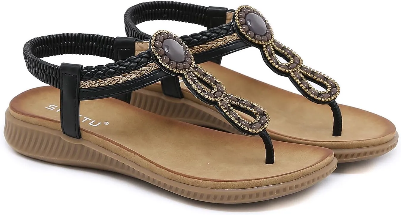 DKCHENH Womens Sandals Shoes Comfort Walking for Summer: Non Slip Casual Beach Shoes, Adorned with Ankle Elastic and Stunning Jeweled Bohemian Flats