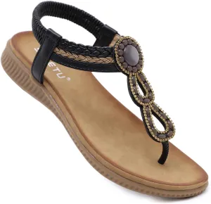 DKCHENH Womens Sandals Shoes Comfort Walking for Summer: Non Slip Casual Beach Shoes, Adorned with Ankle Elastic and Stunning Jeweled Bohemian Flats