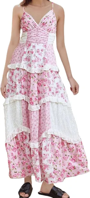 ebossy Womens Lace Patchwork Floral Maxi Dress Spaghetti Strap Sexy Backless Ruffle Tiered Boho Beach Sundresses