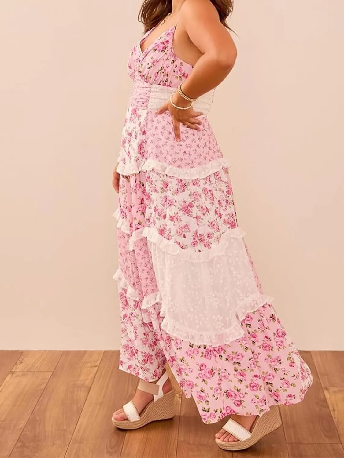 ebossy Womens Lace Patchwork Floral Maxi Dress Spaghetti Strap Sexy Backless Ruffle Tiered Boho Beach Sundresses
