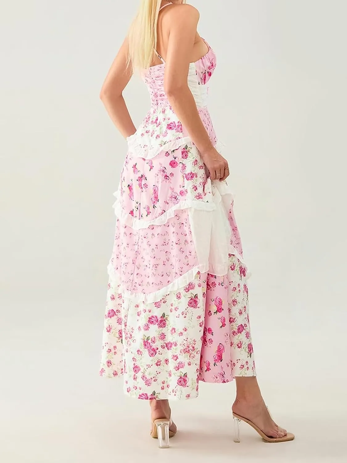 ebossy Womens Lace Patchwork Floral Maxi Dress Spaghetti Strap Sexy Backless Ruffle Tiered Boho Beach Sundresses
