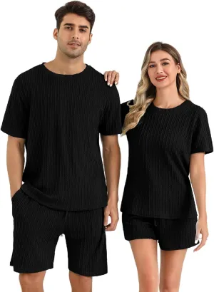 EISHOPEER Matching Pajamas for Couples Ribbed Knit Pajama Short Sleeve Soft Sleepwear 2 Piece Loungewear S-XXL