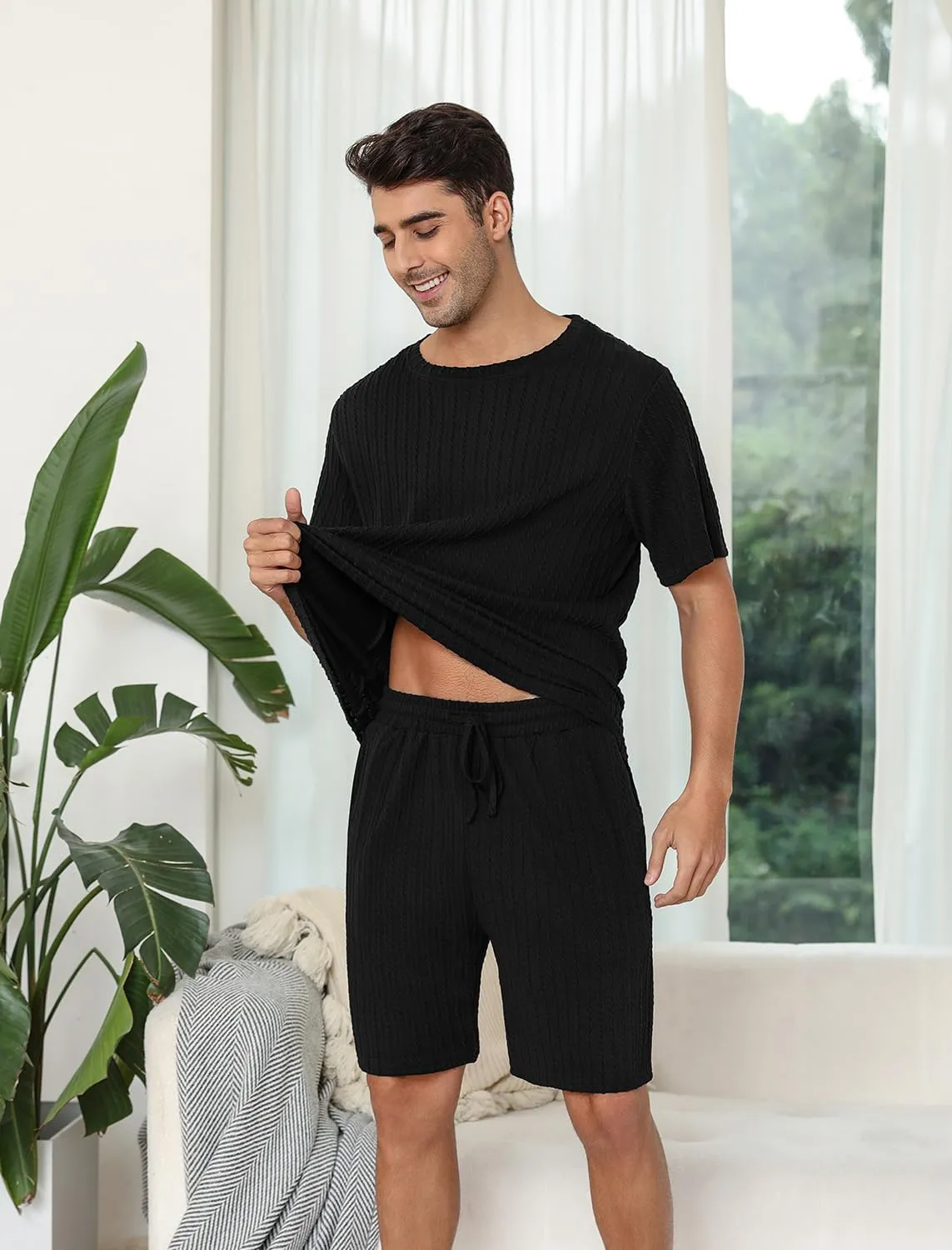 EISHOPEER Matching Pajamas for Couples Ribbed Knit Pajama Short Sleeve Soft Sleepwear 2 Piece Loungewear S-XXL