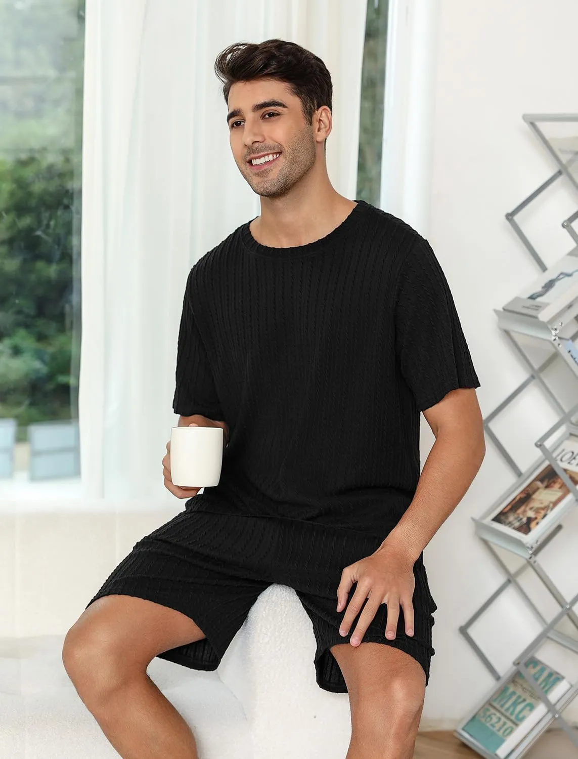 EISHOPEER Matching Pajamas for Couples Ribbed Knit Pajama Short Sleeve Soft Sleepwear 2 Piece Loungewear S-XXL