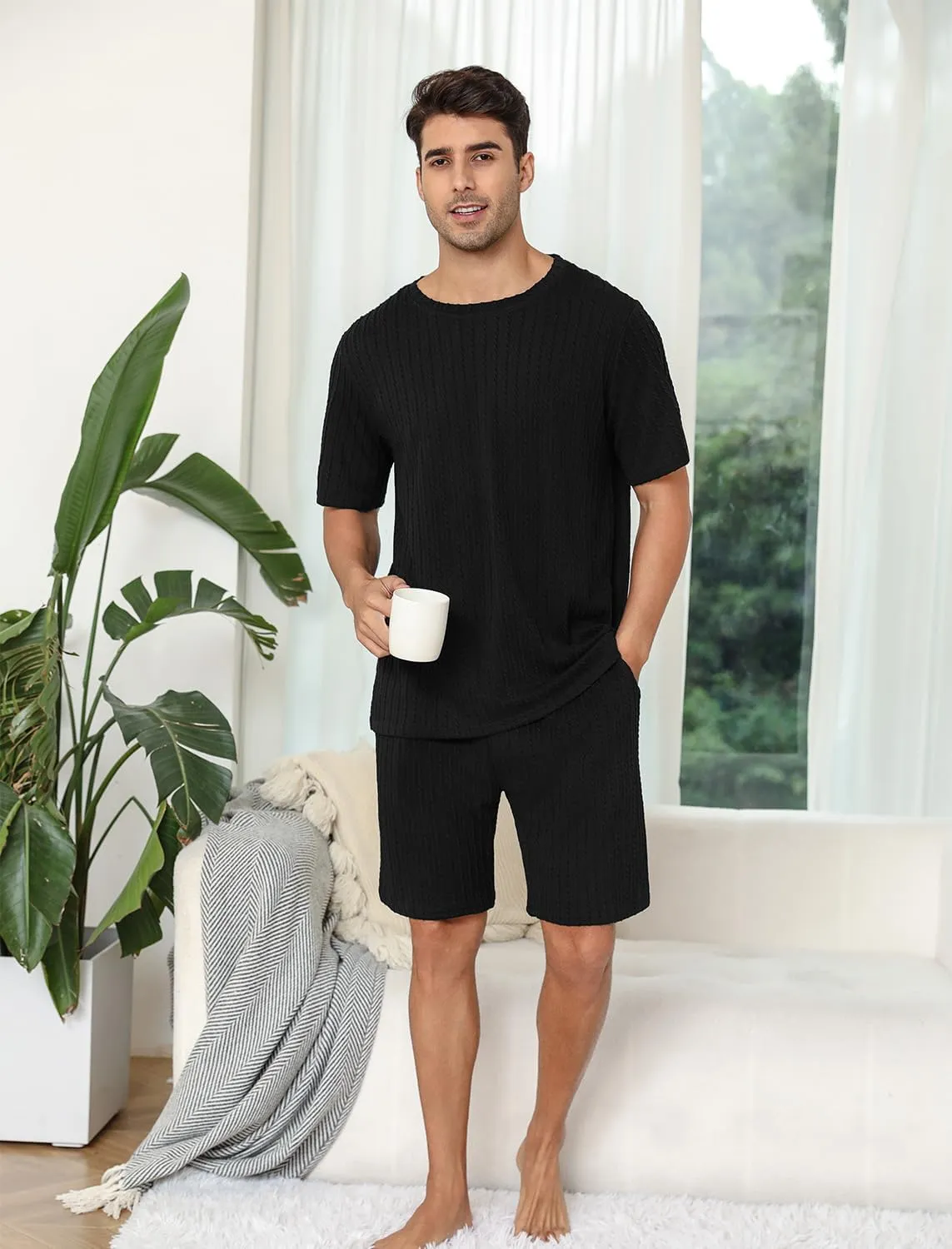 EISHOPEER Matching Pajamas for Couples Ribbed Knit Pajama Short Sleeve Soft Sleepwear 2 Piece Loungewear S-XXL