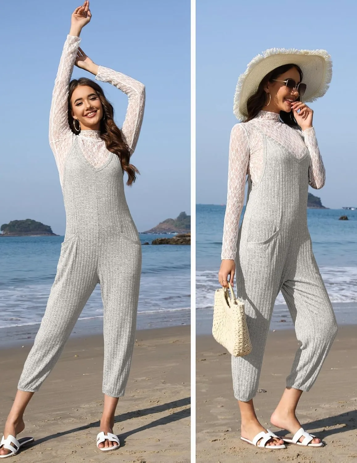 Ekouaer Jumpsuits for Women Sleeveless Spaghetti Strap Ribbed Overall Jumpsuit V Neck Summer Romper with Pockets 2025