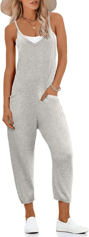 Ekouaer Jumpsuits for Women Sleeveless Spaghetti Strap Ribbed Overall Jumpsuit V Neck Summer Romper with Pockets 2025