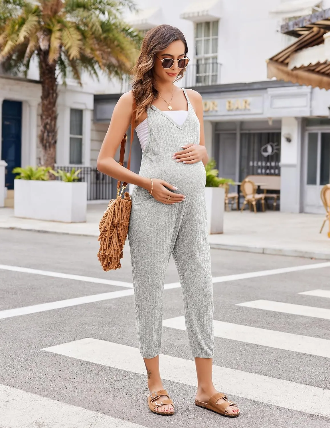 Ekouaer Jumpsuits for Women Sleeveless Spaghetti Strap Ribbed Overall Jumpsuit V Neck Summer Romper with Pockets 2025