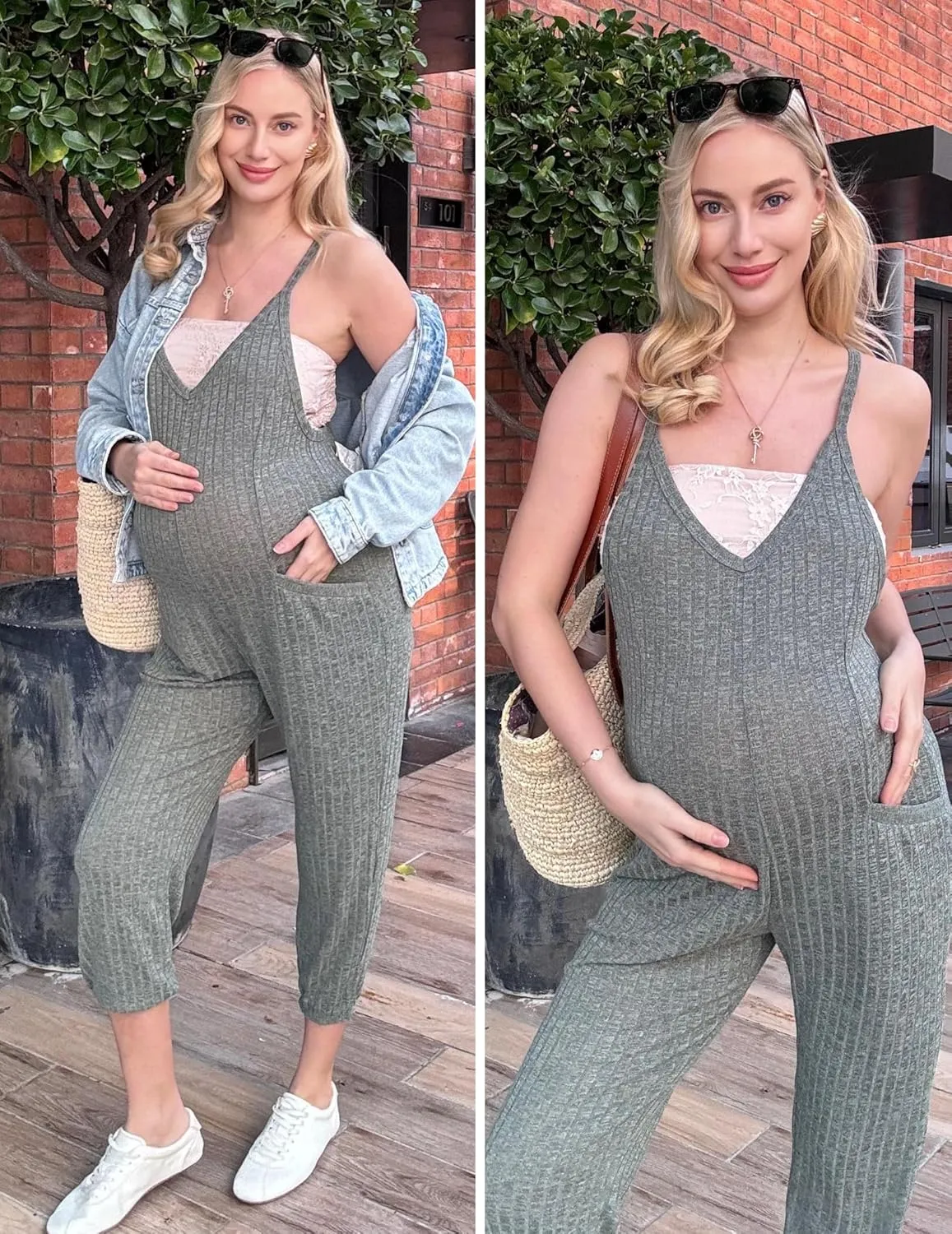 Ekouaer Jumpsuits for Women Sleeveless Spaghetti Strap Ribbed Overall Jumpsuit V Neck Summer Romper with Pockets 2025