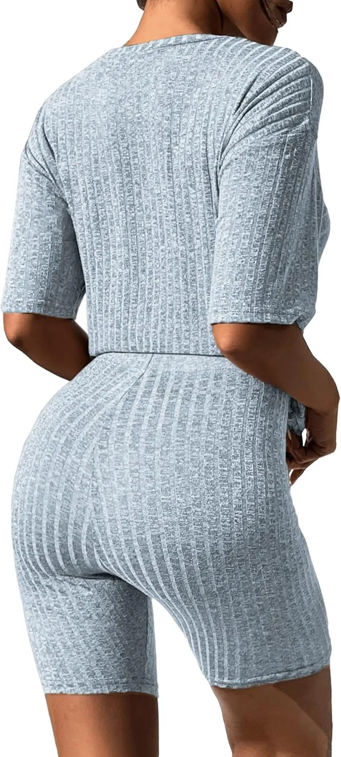 Ekouaer Pajamas 2 Piece Lounge Sets Ribbed Knit Matching Outfits T-shirt Biker Shorts Sleepwear Loungewear Sweatsuits