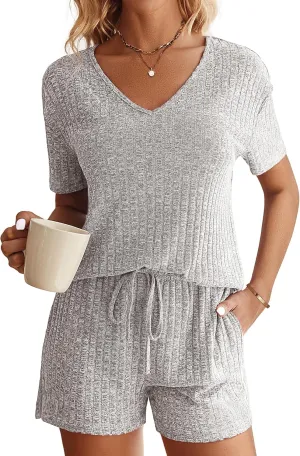 Ekouaer Womens Ribbed Knit Lounge Set Short Sleeve Top and Shorts Sleepwear Pajama Set Two Piece Shorts Outfits Set