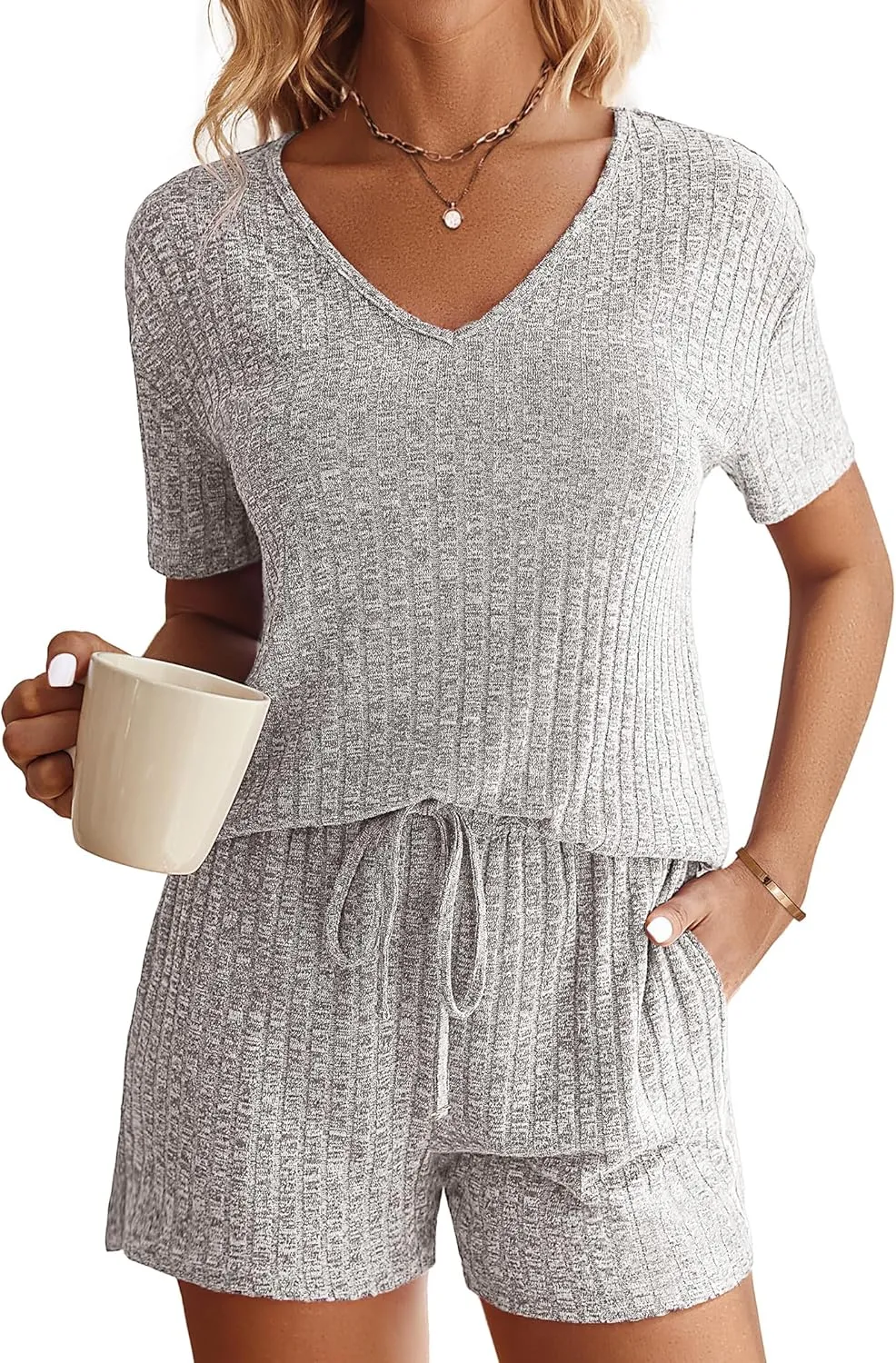 Ekouaer Womens Ribbed Knit Lounge Set Short Sleeve Top and Shorts Sleepwear Pajama Set Two Piece Shorts Outfits Set