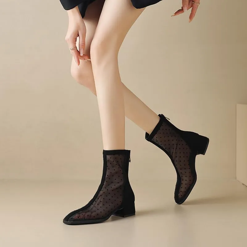 Elbslutt Women's Mesh Ankle Boots Summer Low Chunky Block Heel Ankle Boots Breathable Close Toe Chunky Heeled Mesh Boots with Zipper