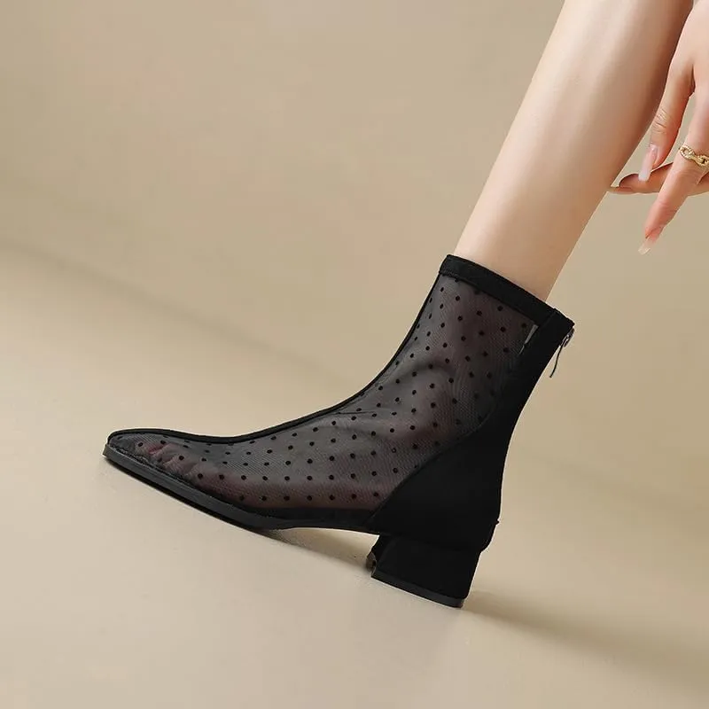 Elbslutt Women's Mesh Ankle Boots Summer Low Chunky Block Heel Ankle Boots Breathable Close Toe Chunky Heeled Mesh Boots with Zipper