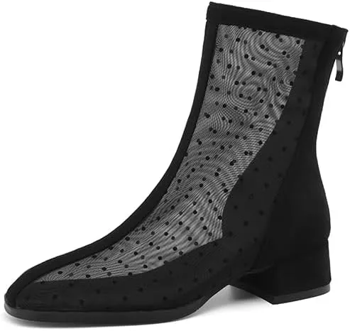 Elbslutt Women's Mesh Ankle Boots Summer Low Chunky Block Heel Ankle Boots Breathable Close Toe Chunky Heeled Mesh Boots with Zipper