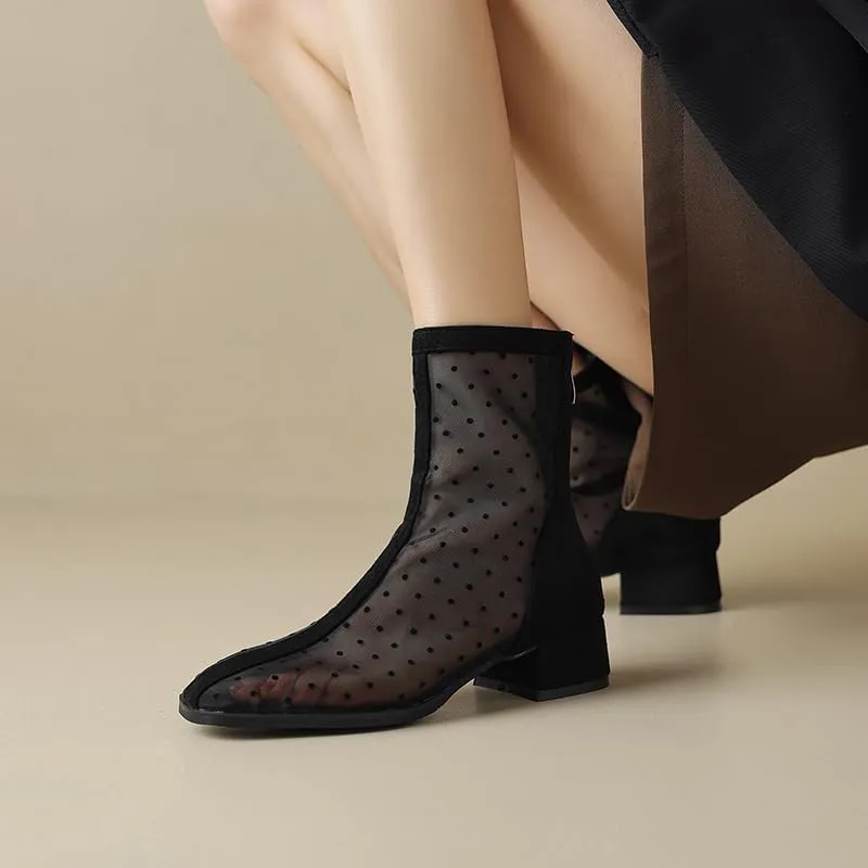 Elbslutt Women's Mesh Ankle Boots Summer Low Chunky Block Heel Ankle Boots Breathable Close Toe Chunky Heeled Mesh Boots with Zipper