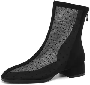 Elbslutt Women's Mesh Ankle Boots Summer Low Chunky Block Heel Ankle Boots Breathable Close Toe Chunky Heeled Mesh Boots with Zipper