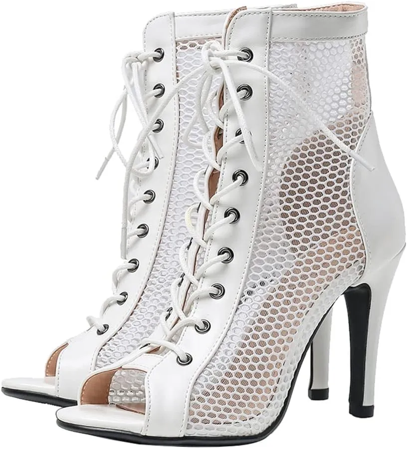 Elbslutt Women's Peep Toe Mesh Ankle Boots Stilettos Lace Up Summer Booties High Heeled Sandals Dress Boots