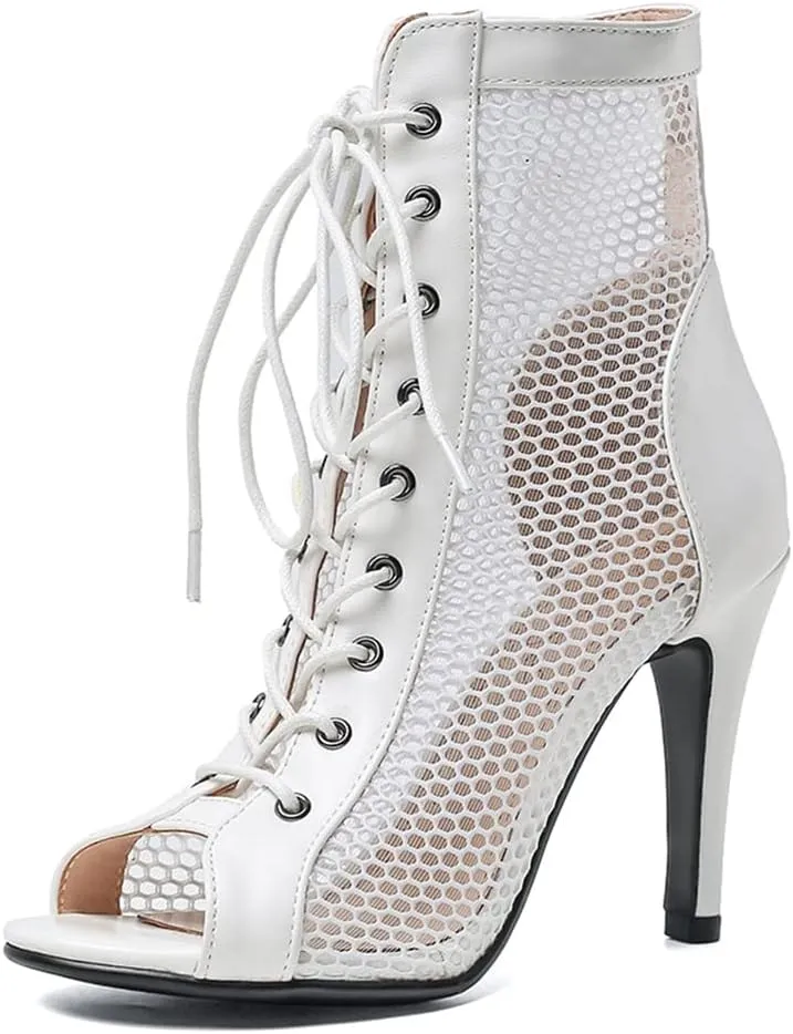 Elbslutt Women's Peep Toe Mesh Ankle Boots Stilettos Lace Up Summer Booties High Heeled Sandals Dress Boots