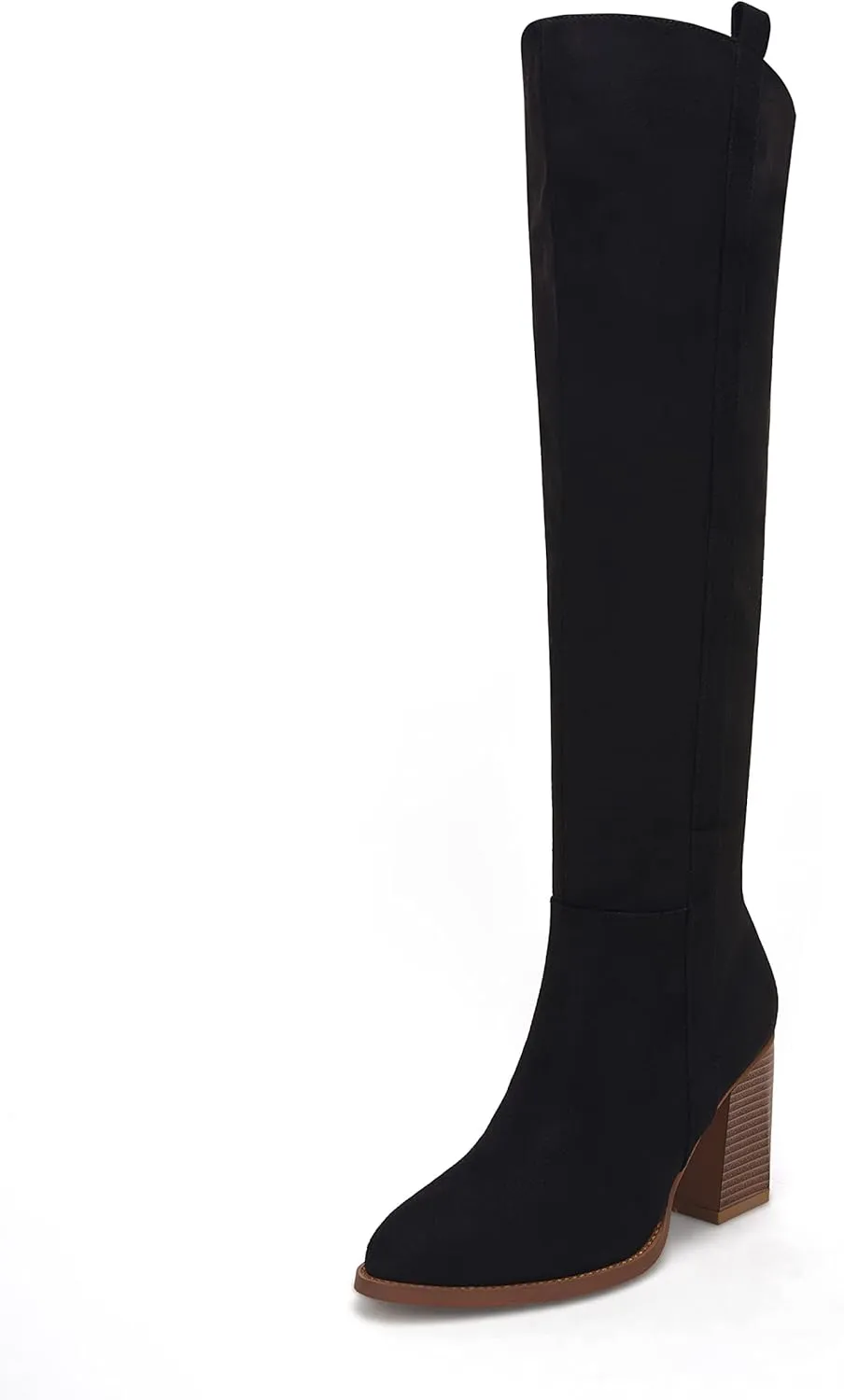 Ermonn Womens Faux Suede Knee High Side Zipper Chunky Heel Stretch Winter Boots