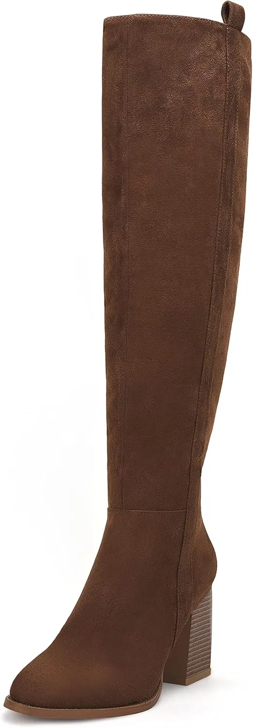 Ermonn Womens Faux Suede Knee High Side Zipper Chunky Heel Stretch Winter Boots