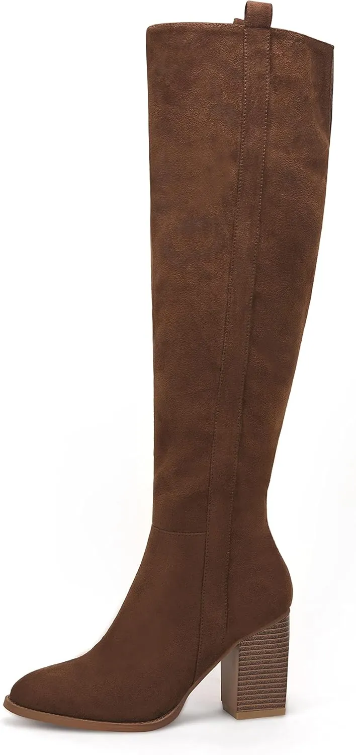 Ermonn Womens Faux Suede Knee High Side Zipper Chunky Heel Stretch Winter Boots