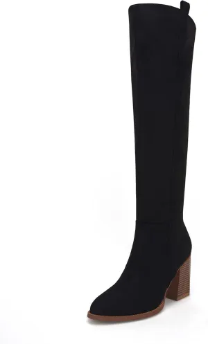Ermonn Womens Faux Suede Knee High Side Zipper Chunky Heel Stretch Winter Boots