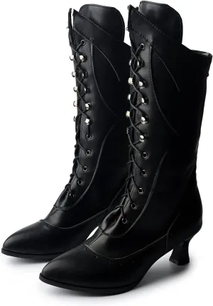 Erocalli Goth Boots Renaissance Victorian Shoes Sweet Bow Mid Calf Boots Mid Heels Lace Up Studded Bowknot ​Witch Boot