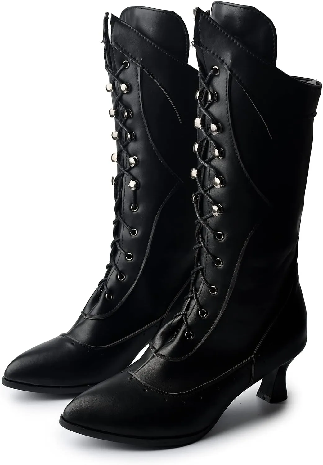 Erocalli Goth Boots Renaissance Victorian Shoes Sweet Bow Mid Calf Boots Mid Heels Lace Up Studded Bowknot ​Witch Boot