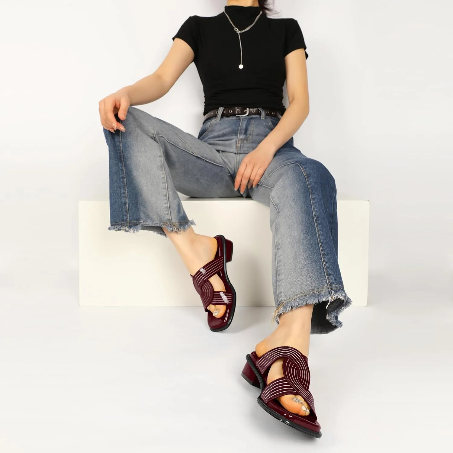 Esvowido Women Low Heel Sandals Square Open Toe Block Chunky Heel Slip On Mules Summer Casual Beach Vacation 1.25 Inch Shoes