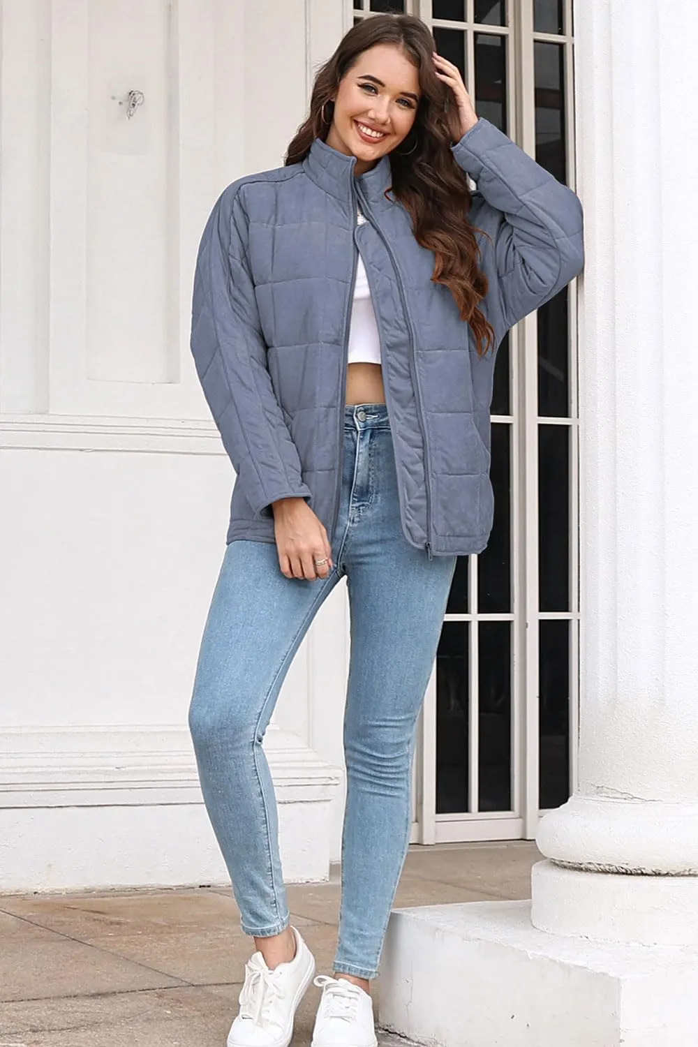 ETCYY Women's Causal Lightweight Quilted Jackets Long Sleeve Oversized Warm Winter Zip Up Coat with Pockets