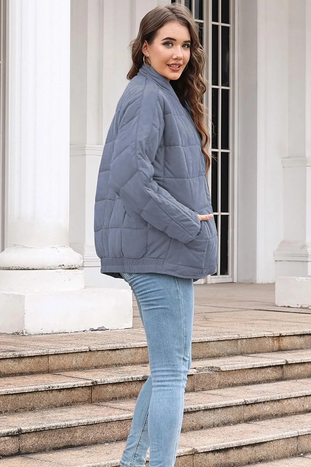 ETCYY Women's Causal Lightweight Quilted Jackets Long Sleeve Oversized Warm Winter Zip Up Coat with Pockets