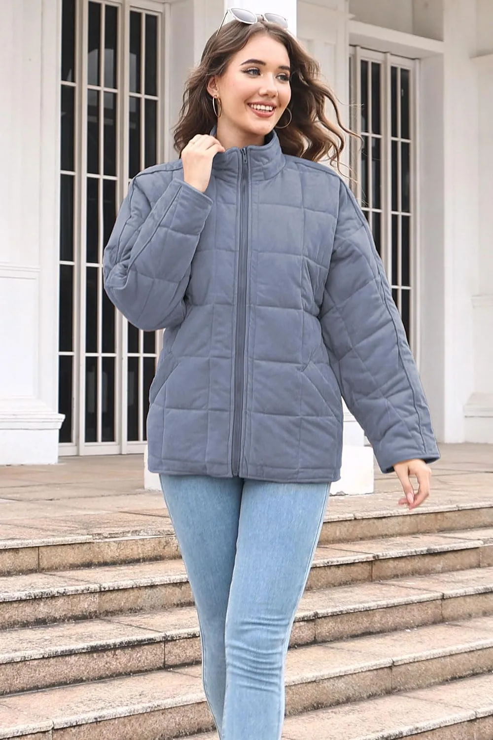 ETCYY Women's Causal Lightweight Quilted Jackets Long Sleeve Oversized Warm Winter Zip Up Coat with Pockets